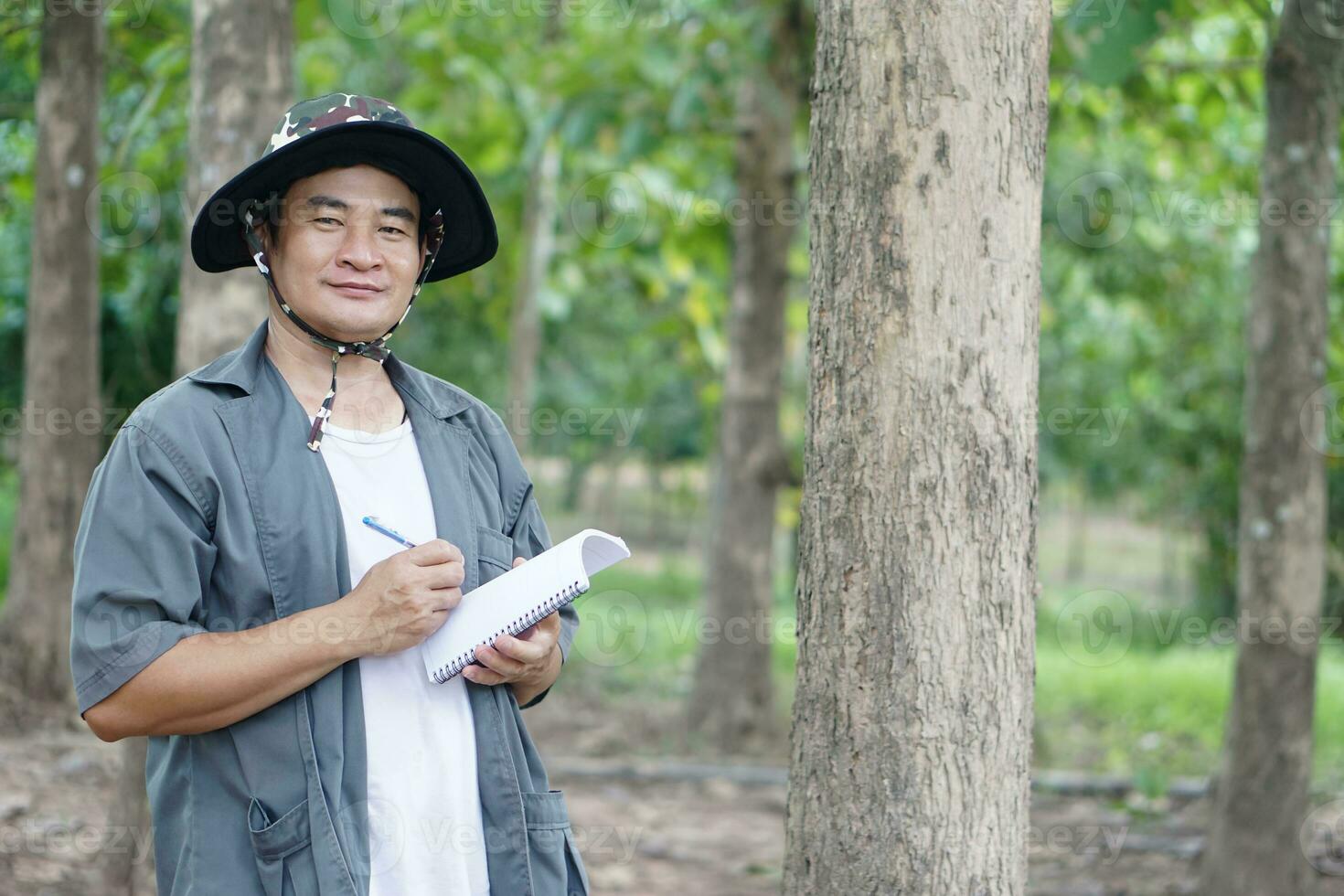 Asian man botanist is inspecting trunk of tree in forest to analysis and research about growth of tree. Concept, forest valuation. Conservation of environment. Survey botanical plants. photo