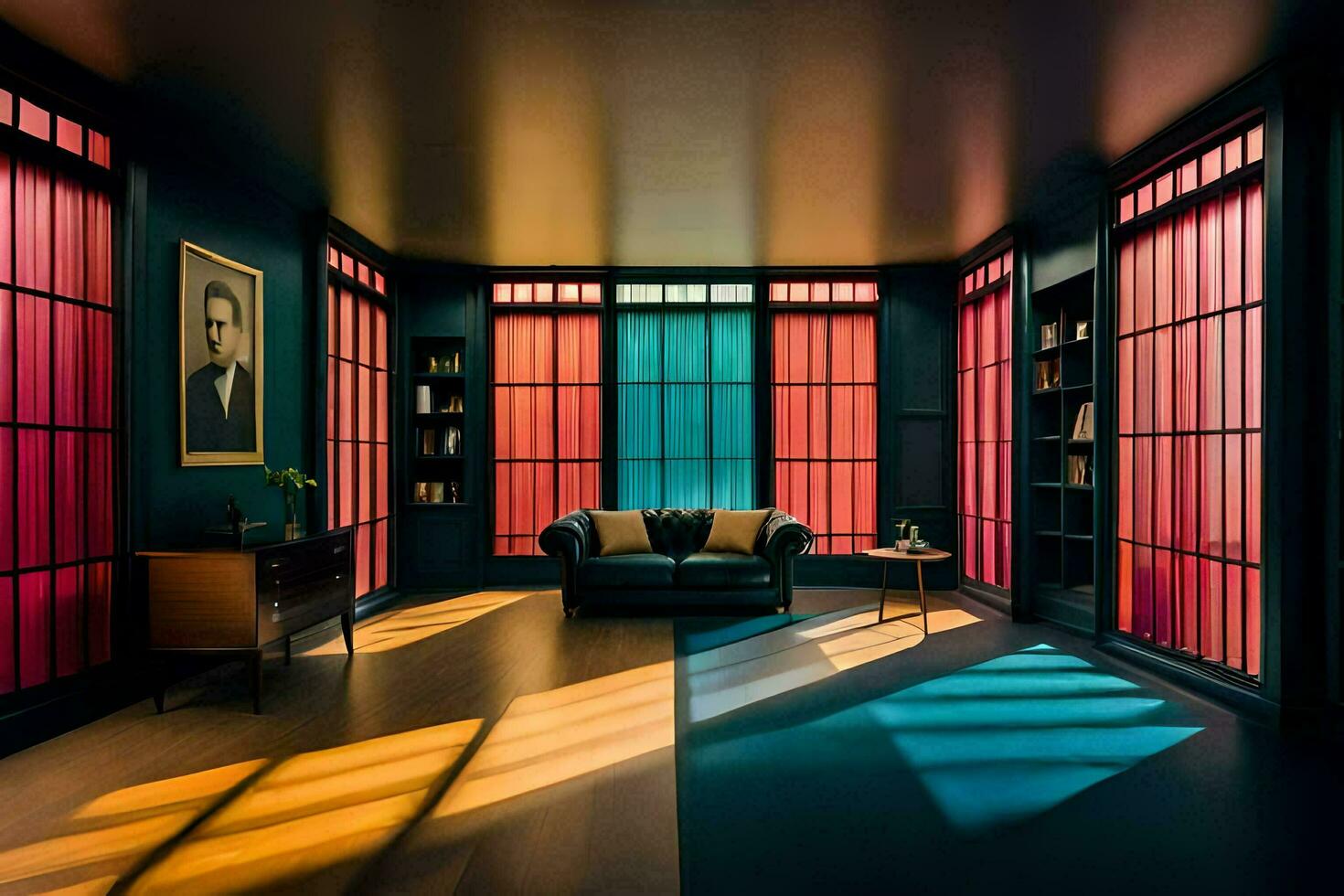 a room with a black couch and red walls. AI-Generated photo