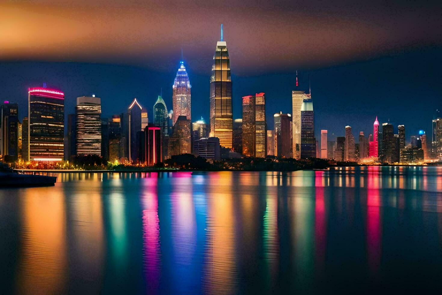 the city skyline at night with lights reflecting in the water. AI-Generated photo