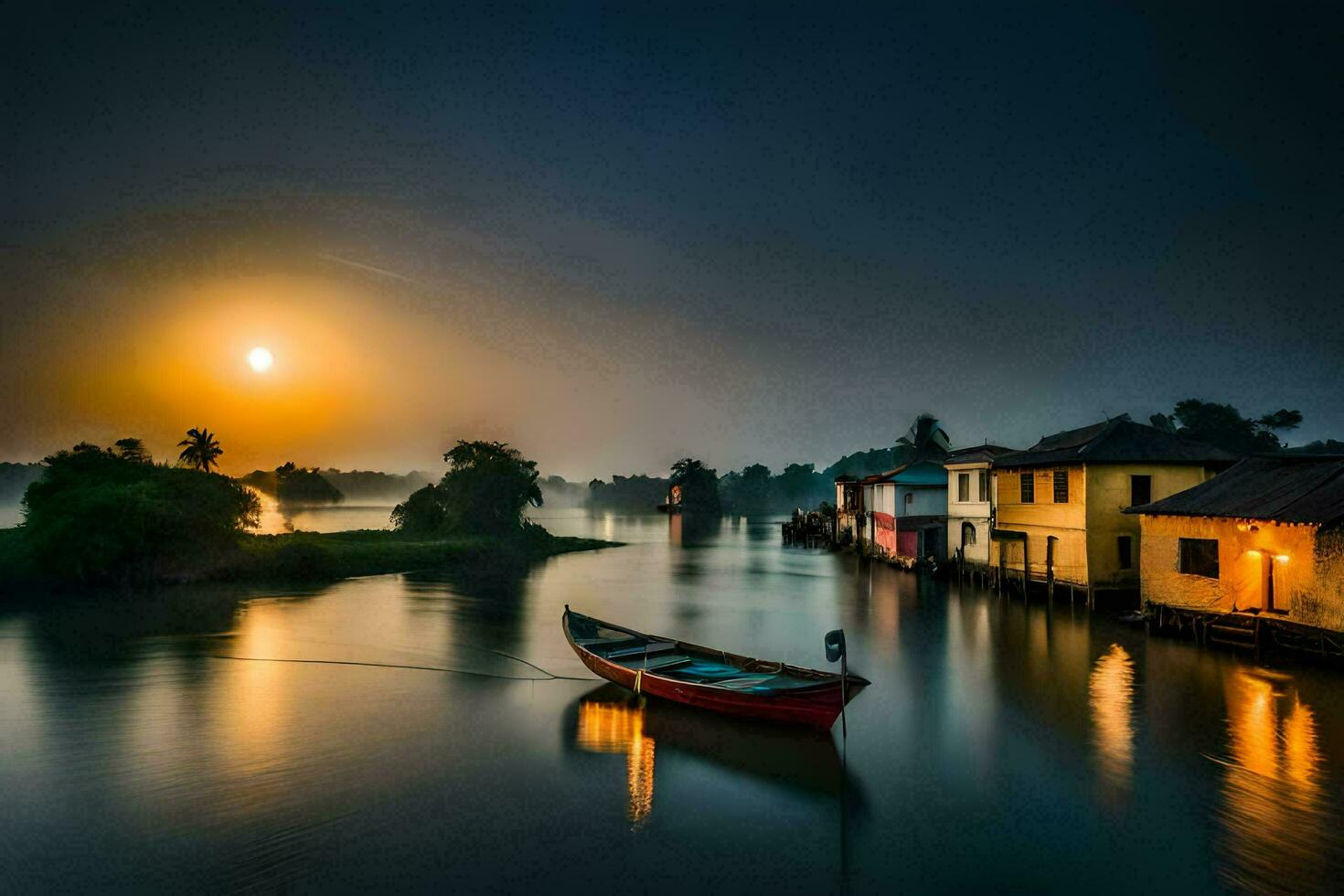 un barco es flotante abajo un río a noche. generado por ai foto