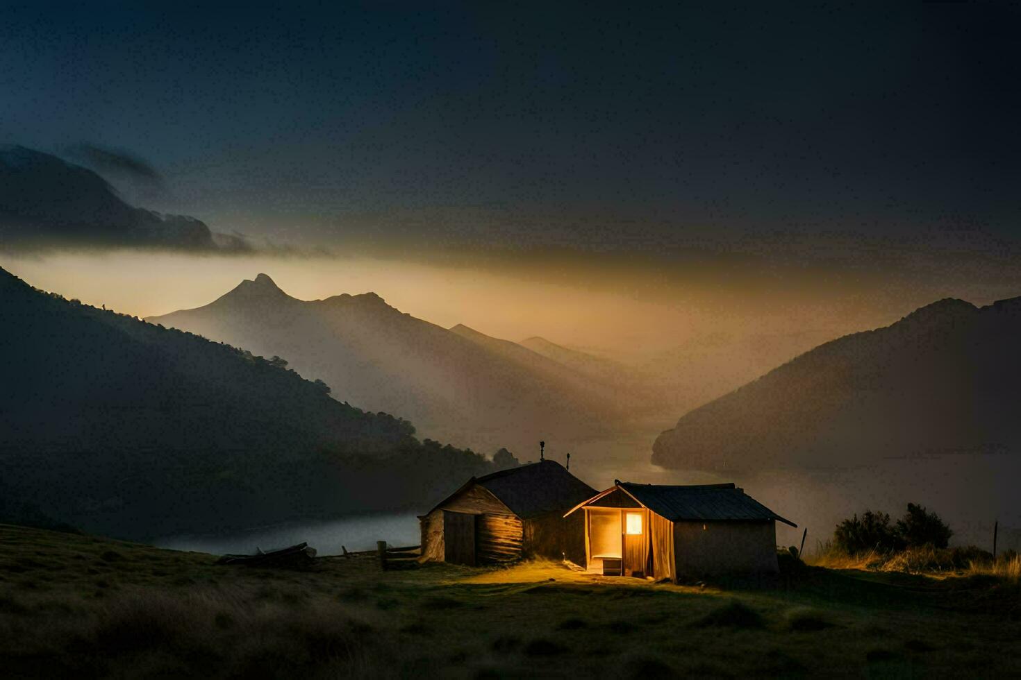 a cabin in the mountains at dusk. AI-Generated photo