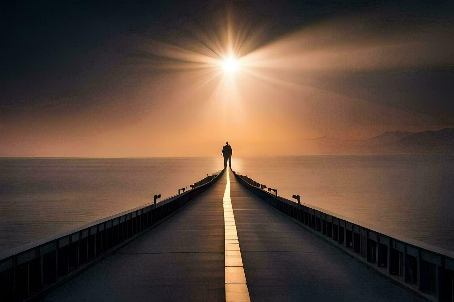 a man stands on a pier at sunset with the sun shining. AI-Generated photo