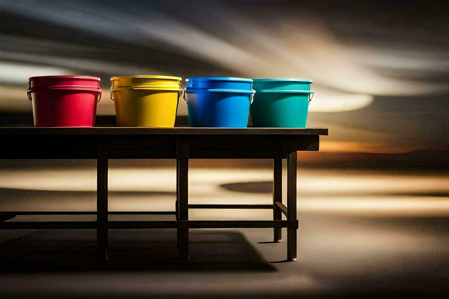 three buckets on a table with a blurry background. AI-Generated photo