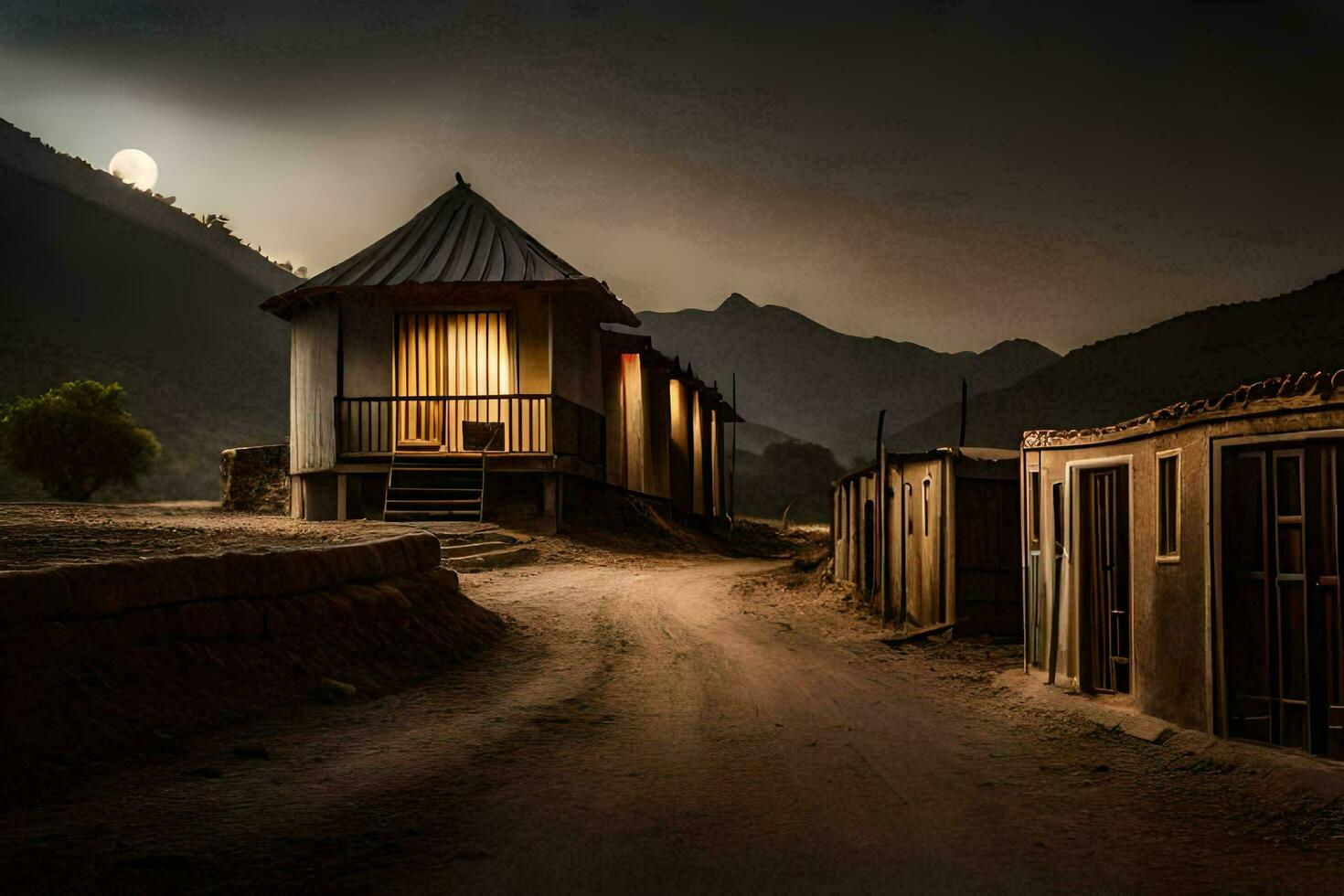 un suciedad la carretera Guías a un pequeño casa en el medio de un montaña. generado por ai foto