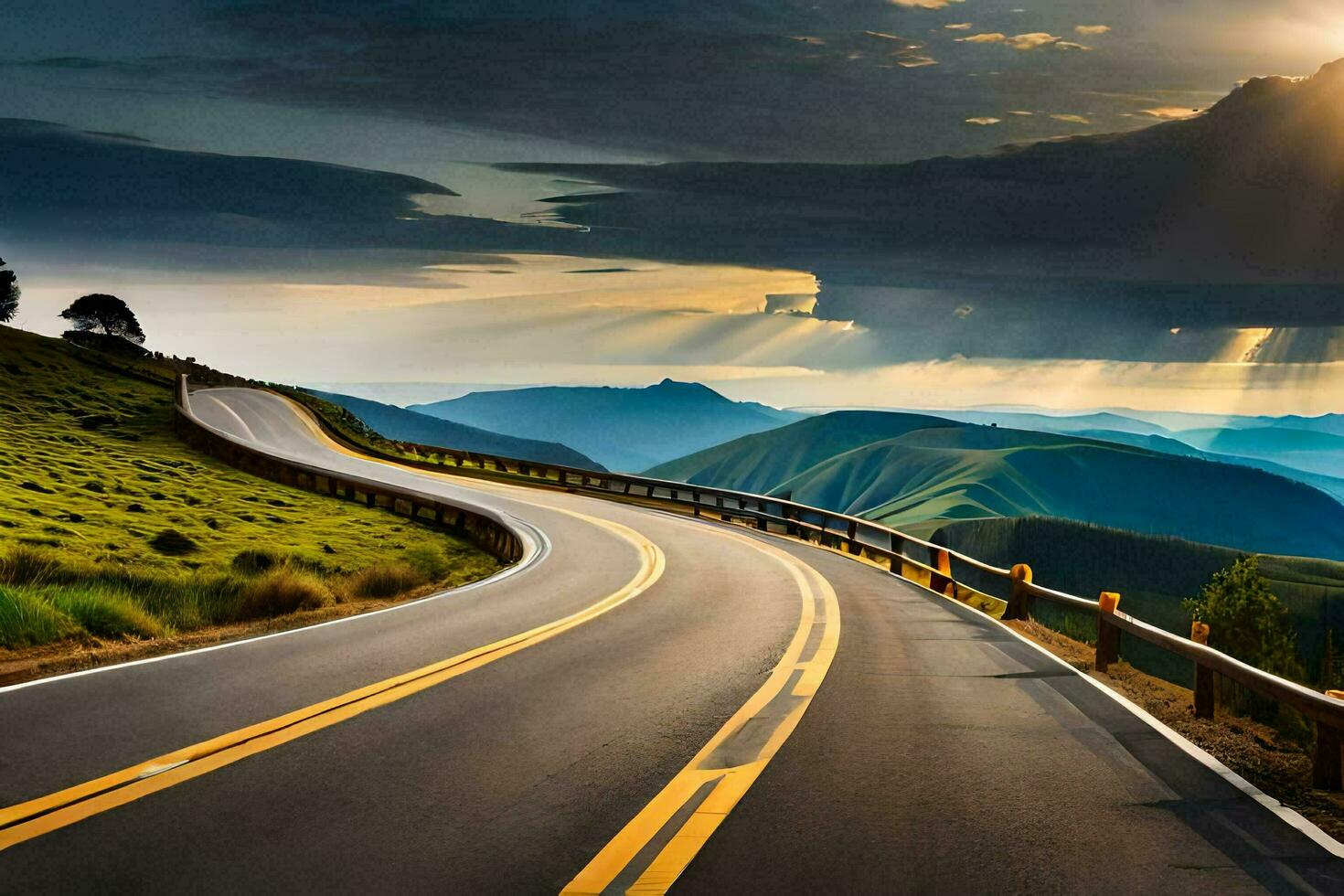 a road with a sun shining over it. AI-Generated photo