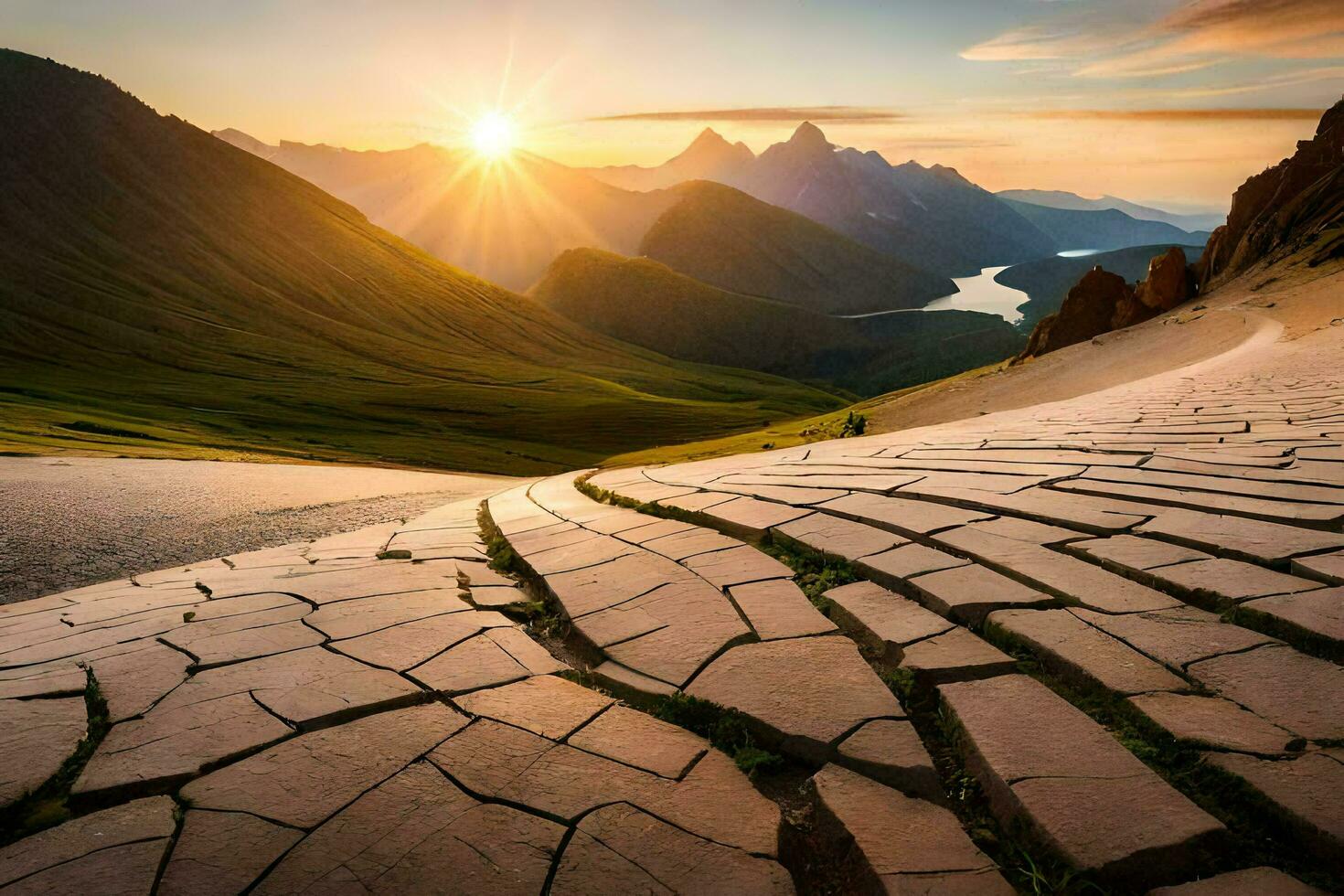 the sun rises over a mountain range with cracked ground. AI-Generated photo