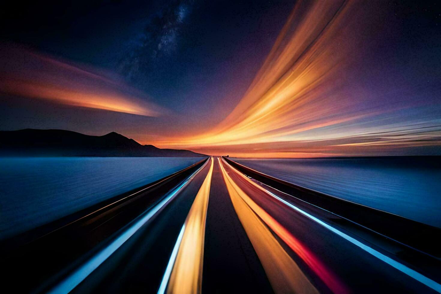 a long exposure photograph of a road at night. AI-Generated photo