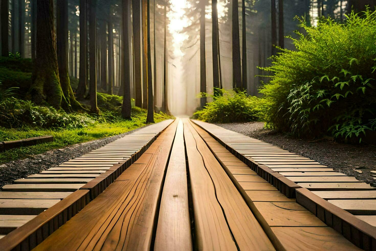 a wooden path in the forest with sun shining through. AI-Generated photo