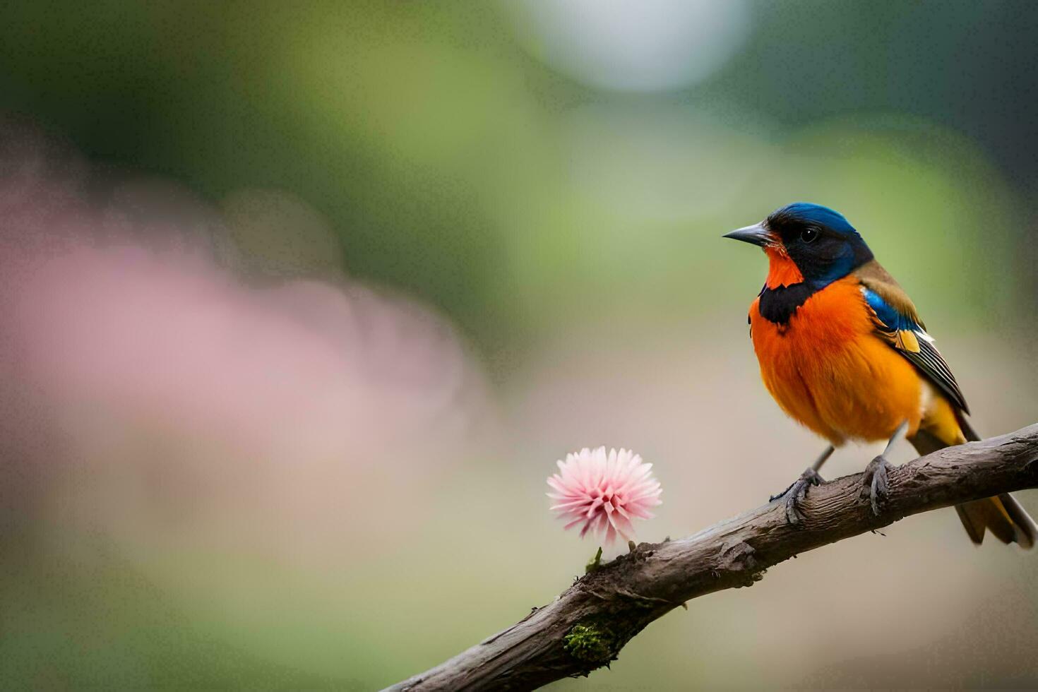 a colorful bird sits on a branch with a pink flower. AI-Generated photo