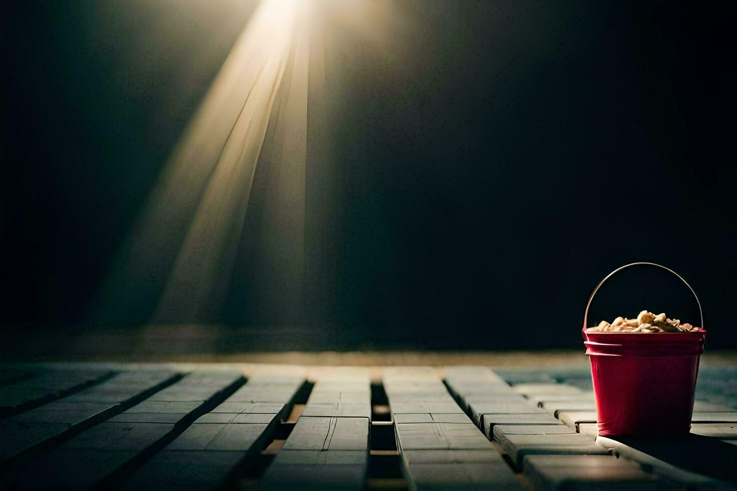 a red bucket sitting on a wooden floor with sunlight shining through. AI-Generated photo