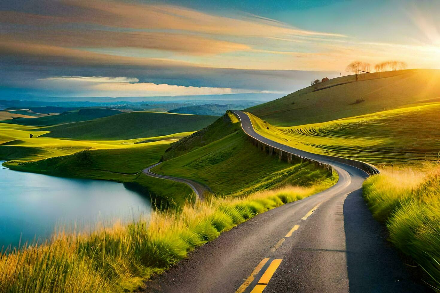the road to the sunset. AI-Generated photo