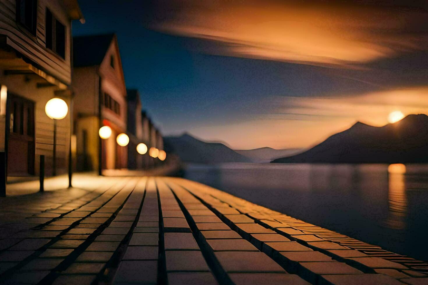 a long exposure photo of a dock at night. AI-Generated