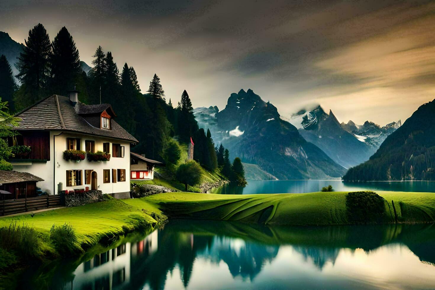 a house sits on the edge of a lake with mountains in the background. AI-Generated photo
