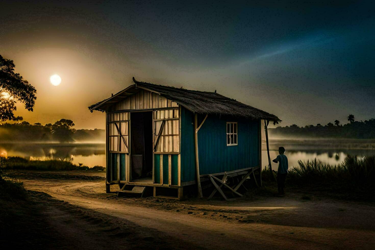 a small hut sits on the side of a river at sunset. AI-Generated photo