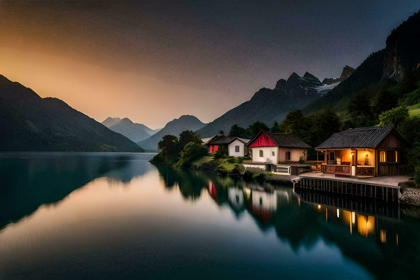 a house sits on the edge of a lake at sunset. AI-Generated photo