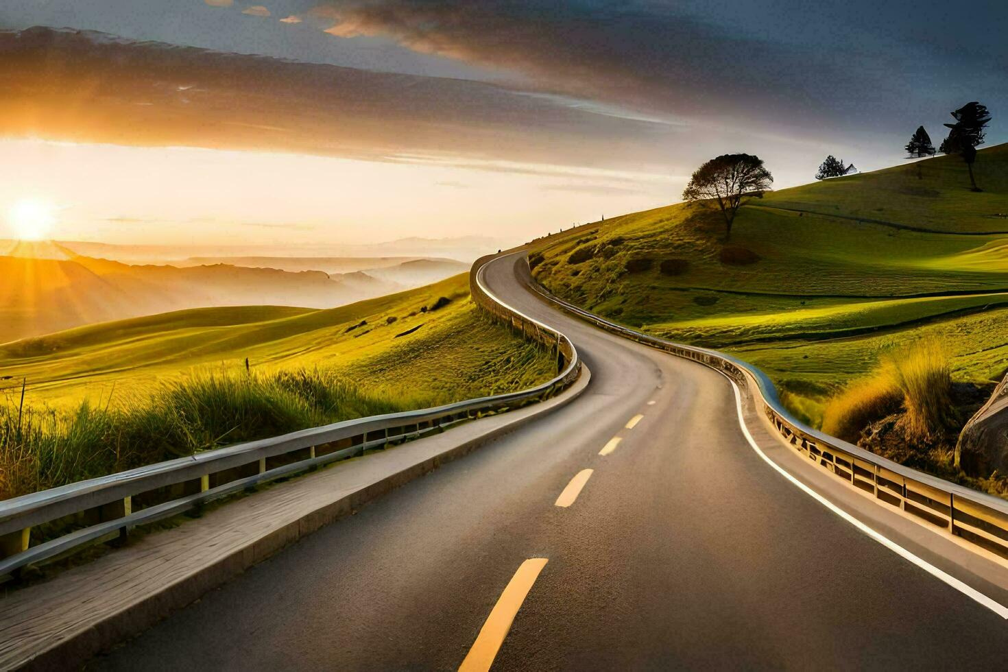 a winding road in the mountains with the sun setting. AI-Generated photo