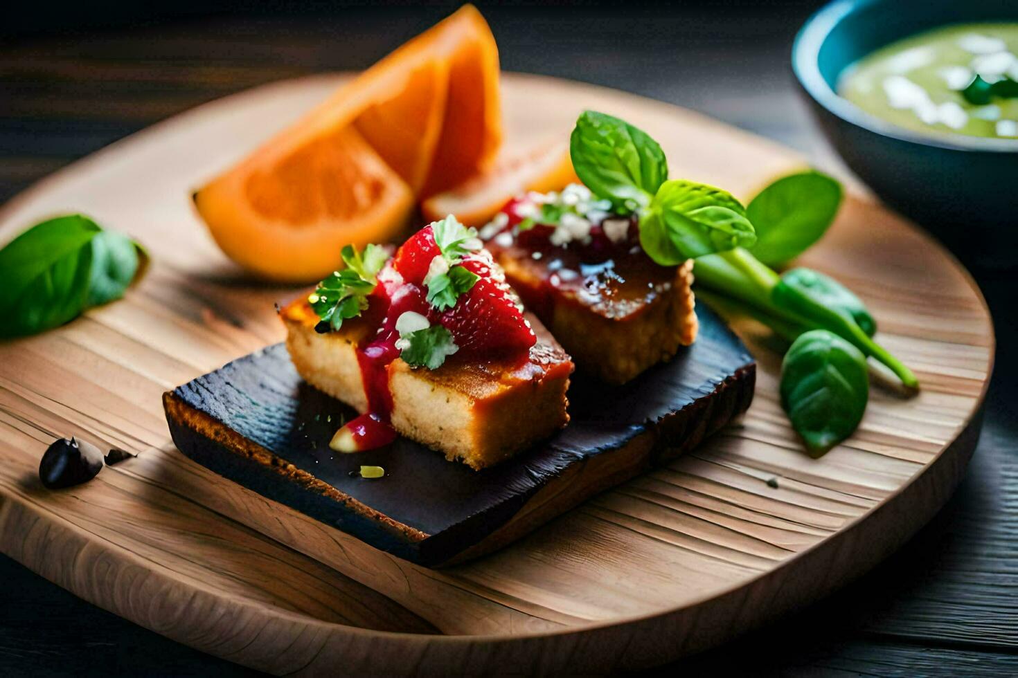 a plate with food on it and a bowl of fruit. AI-Generated photo