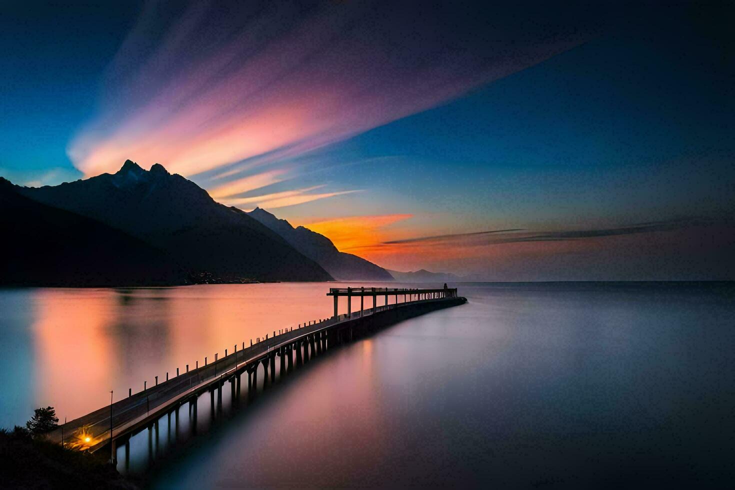 un muelle en el medio de un lago a puesta de sol. generado por ai foto