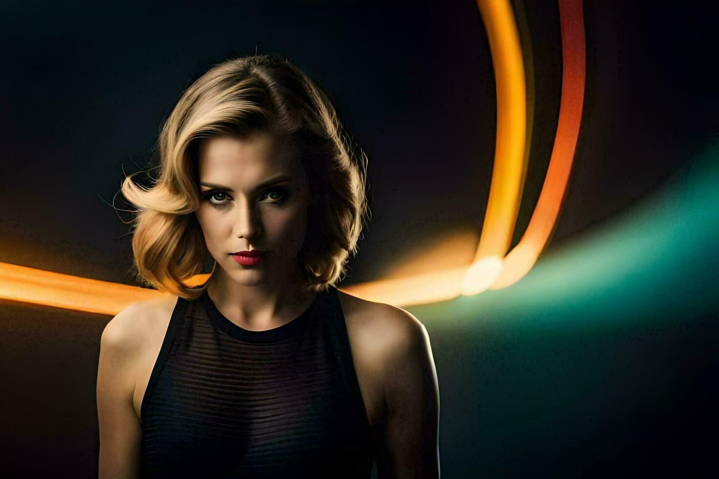 a woman in a black dress with neon lights. AI-Generated photo