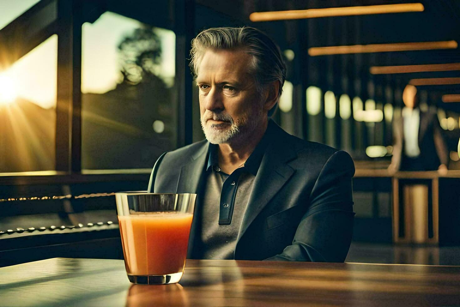 a man sitting at a table with an orange juice. AI-Generated photo