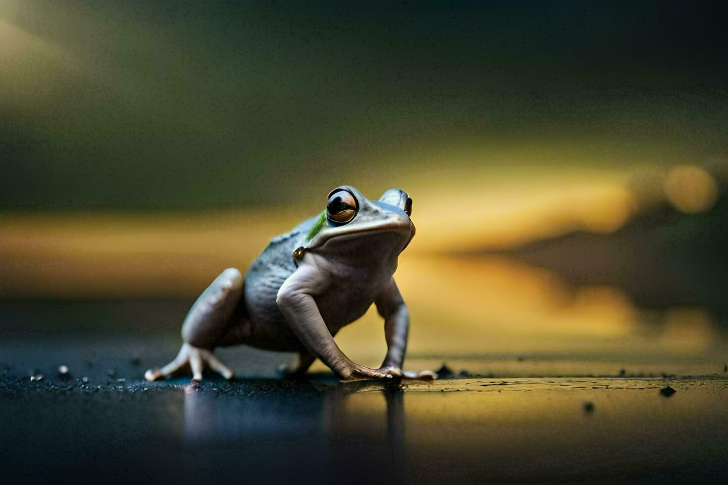 a frog is standing on the ground in front of a blurry background. AI-Generated photo
