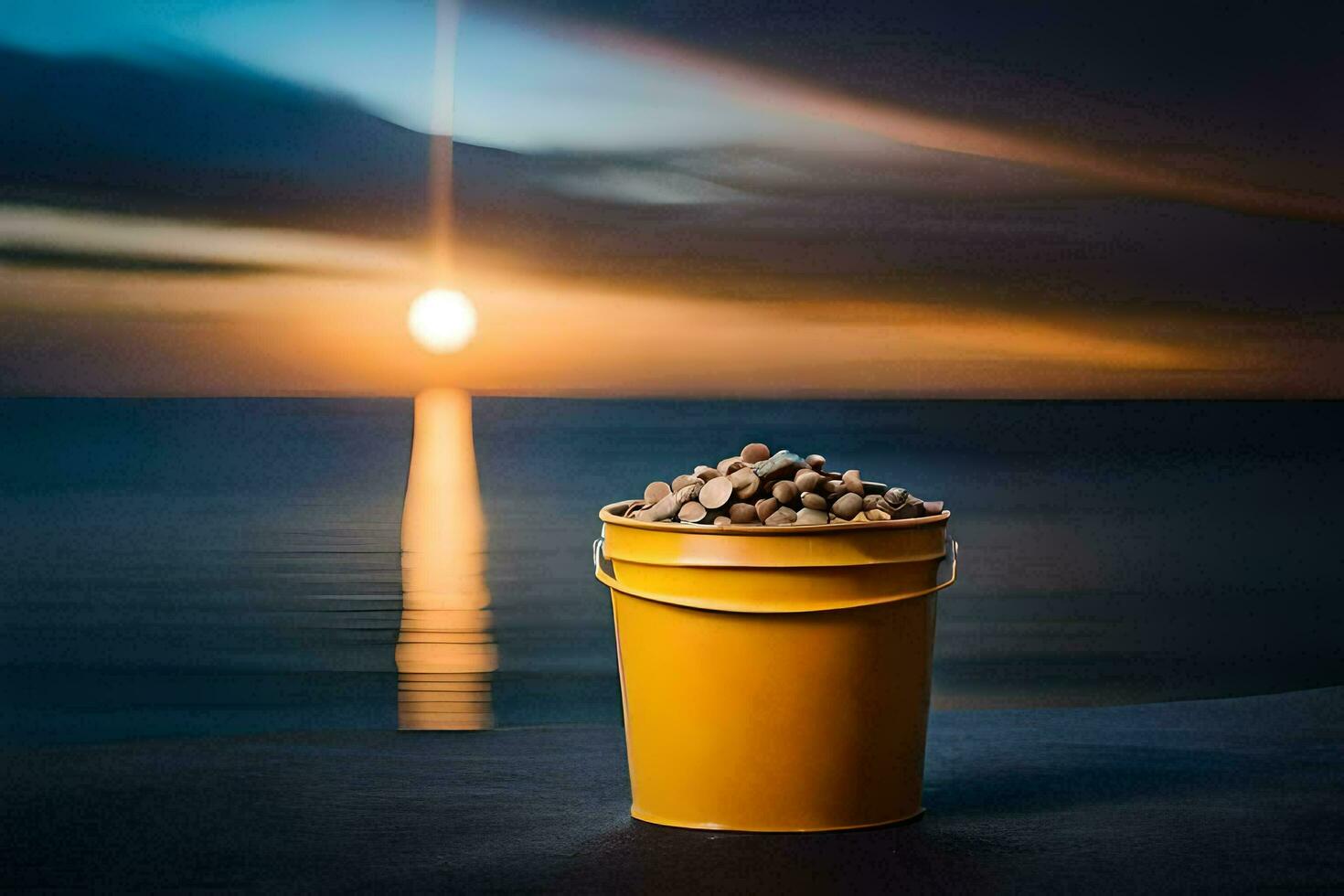a bucket of peanuts on a table in front of the ocean. AI-Generated photo