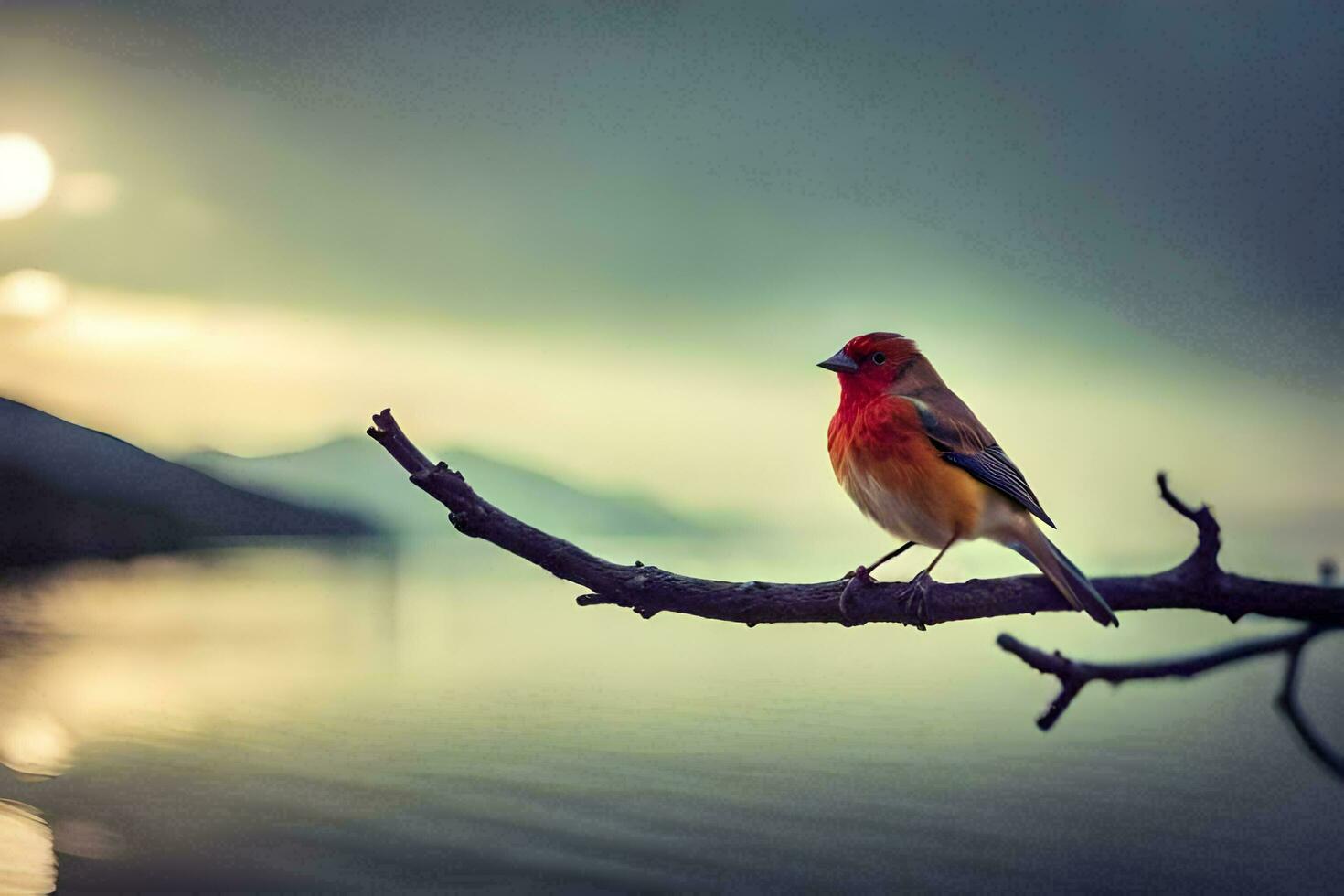 a red bird sits on a branch near the water. AI-Generated photo