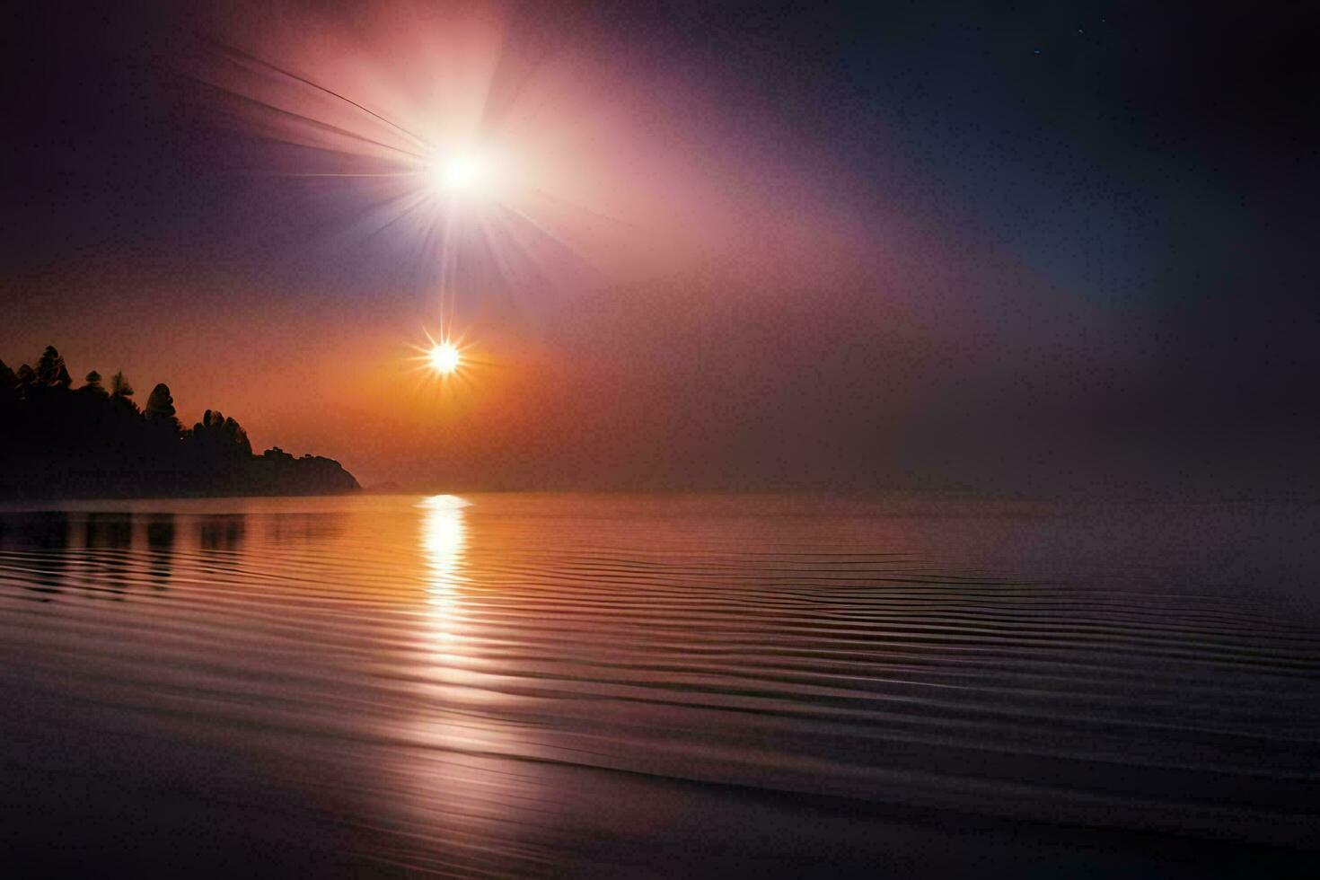 un hermosa puesta de sol terminado el agua con un brillante estrella. generado por ai foto