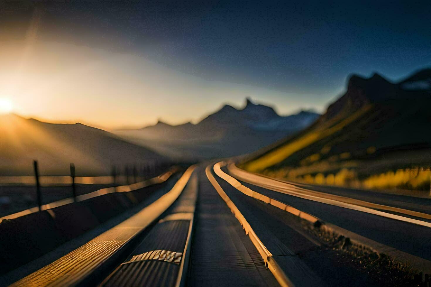 the sun is setting over a train track in the mountains. AI-Generated photo