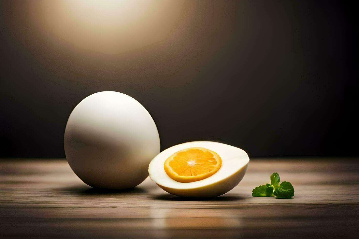 an egg and half of it on a table. AI-Generated photo