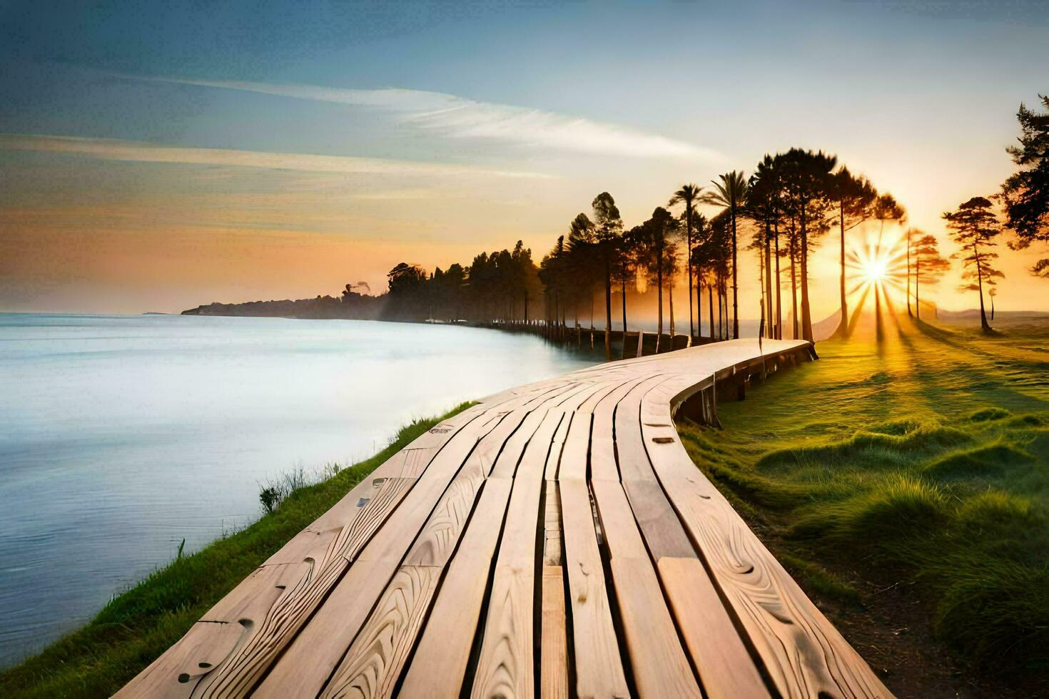 a wooden boardwalk leads to the ocean at sunset. AI-Generated photo