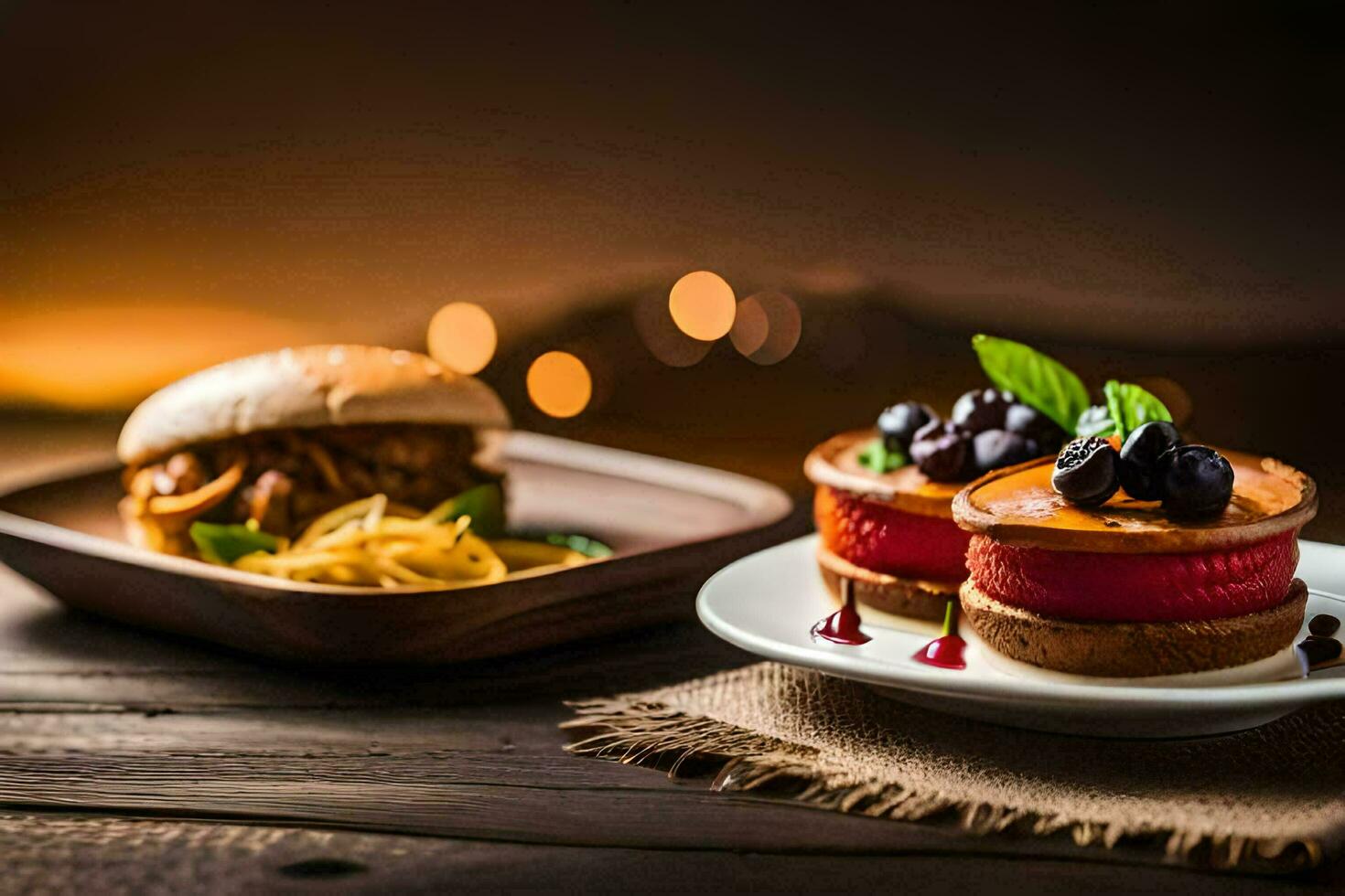 two small plates with food on a wooden table. AI-Generated photo