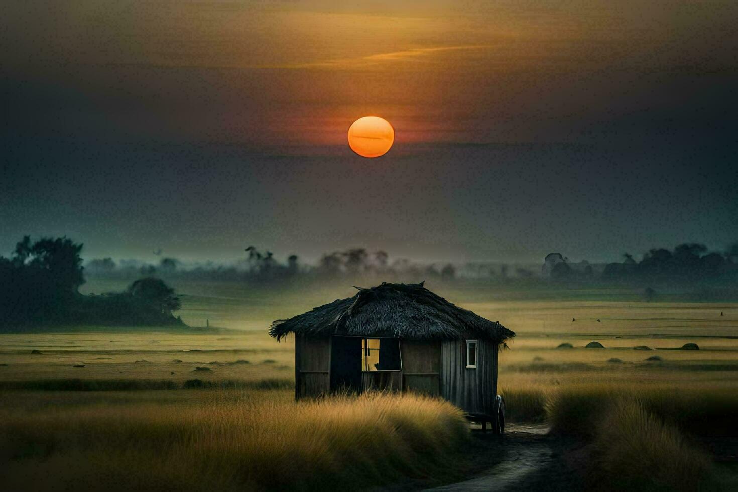 a hut in the middle of a field at sunset. AI-Generated photo