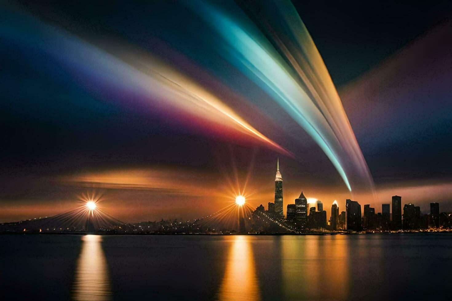 the city lights are reflected in the water. AI-Generated photo