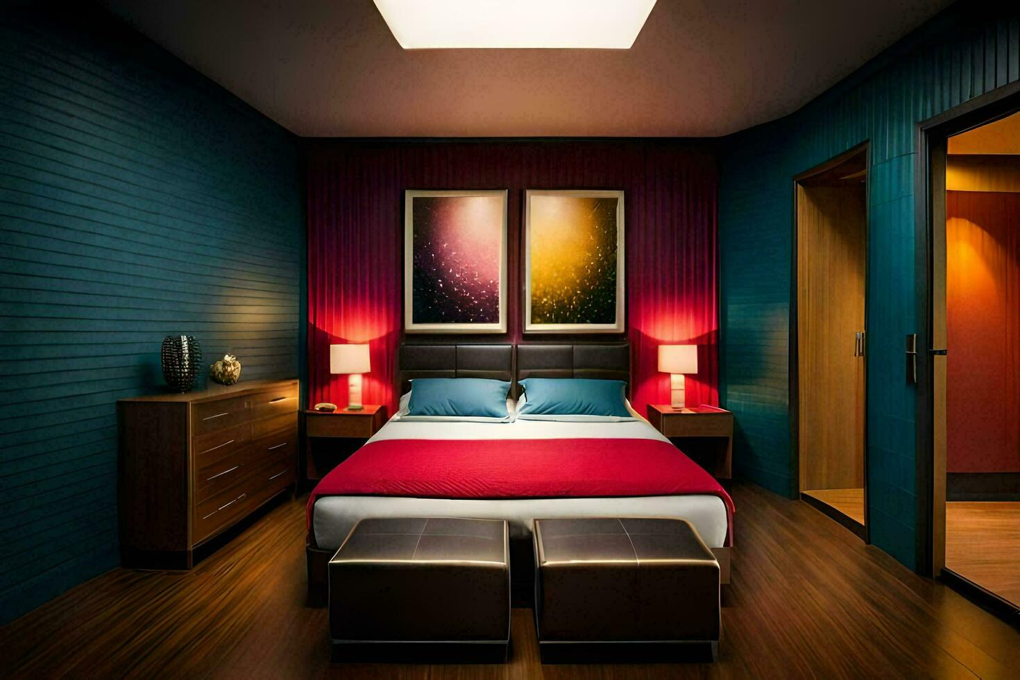 a bedroom with a red bed and blue walls. AI-Generated photo