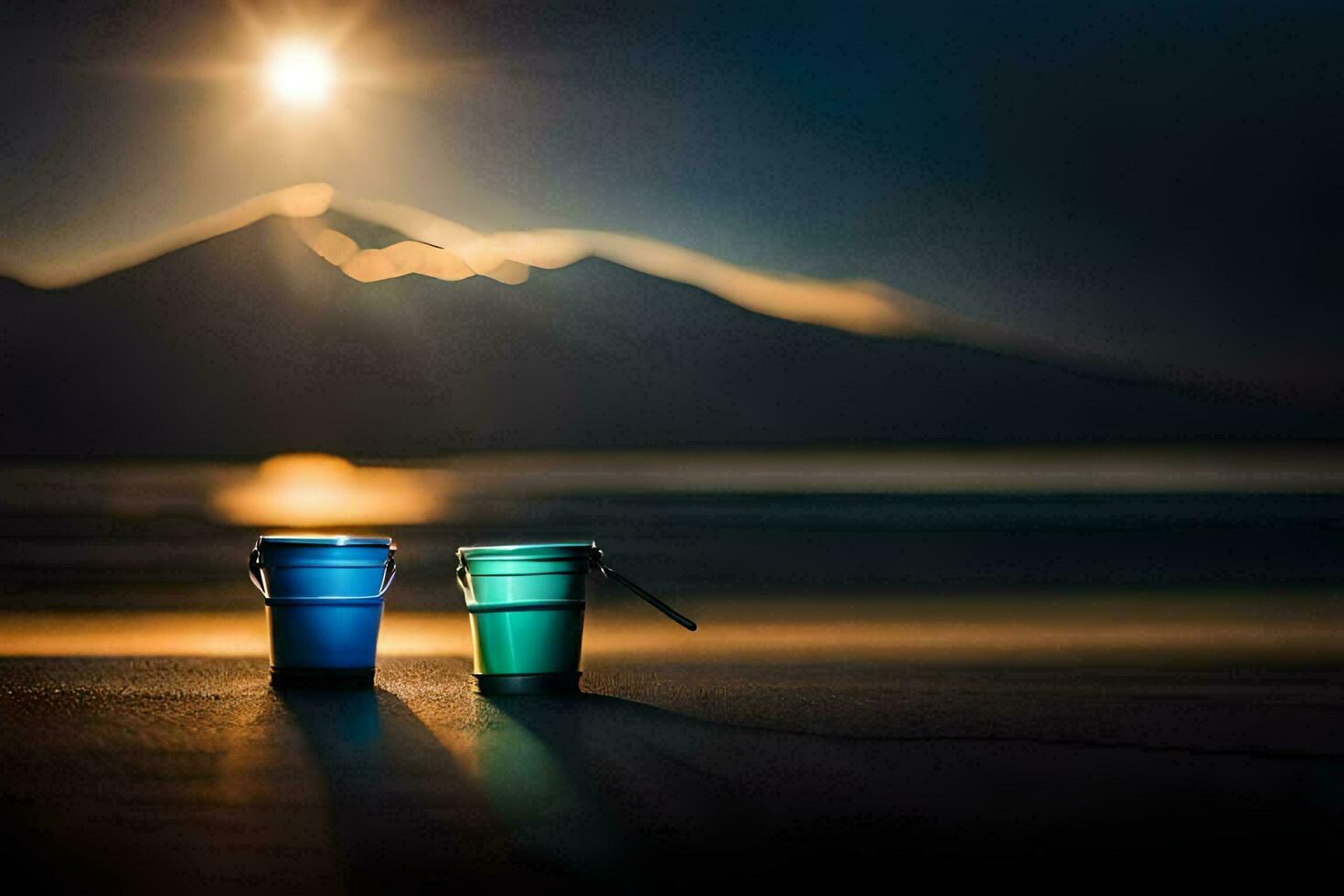 two buckets sit on the beach at sunset. AI-Generated photo