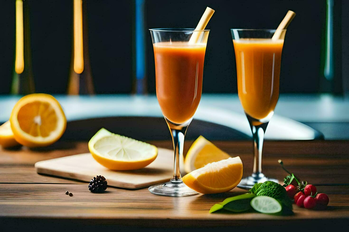 two glasses of orange juice with a straw and a slice of lemon. AI-Generated photo