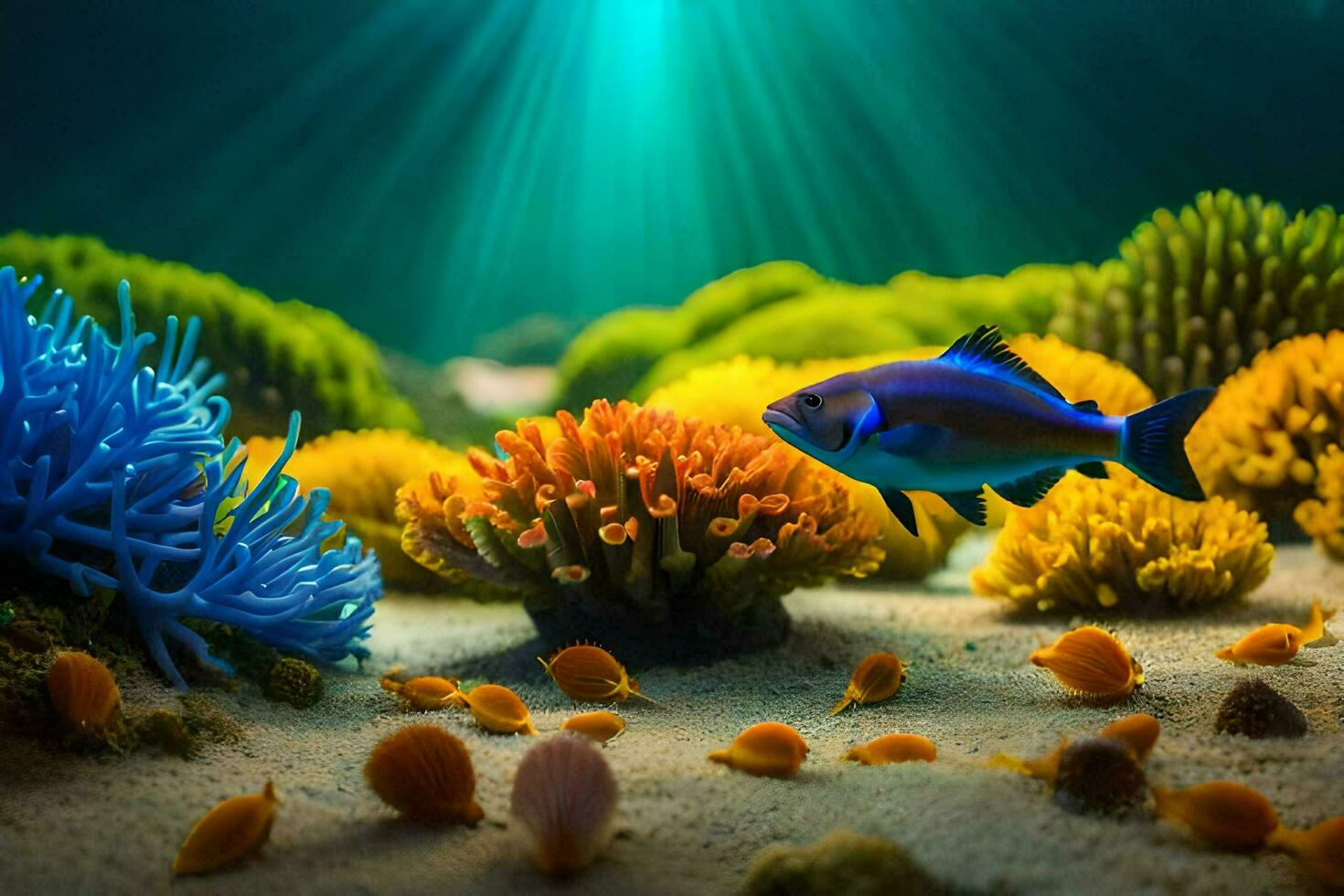 a fish and anemones in an underwater scene. AI-Generated photo