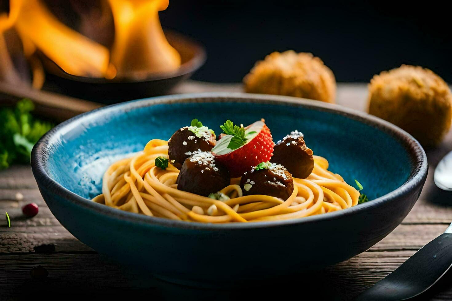 a bowl of spaghetti with meatballs and strawberries. AI-Generated photo