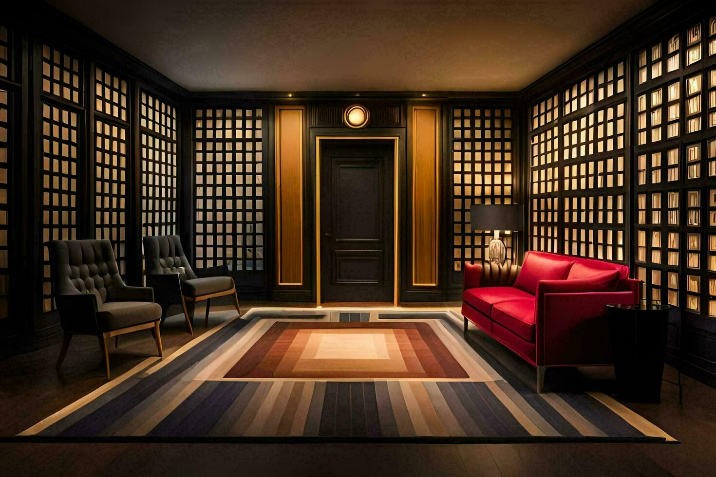 the lobby of the hotel has a red couch and a black wall. AI-Generated photo