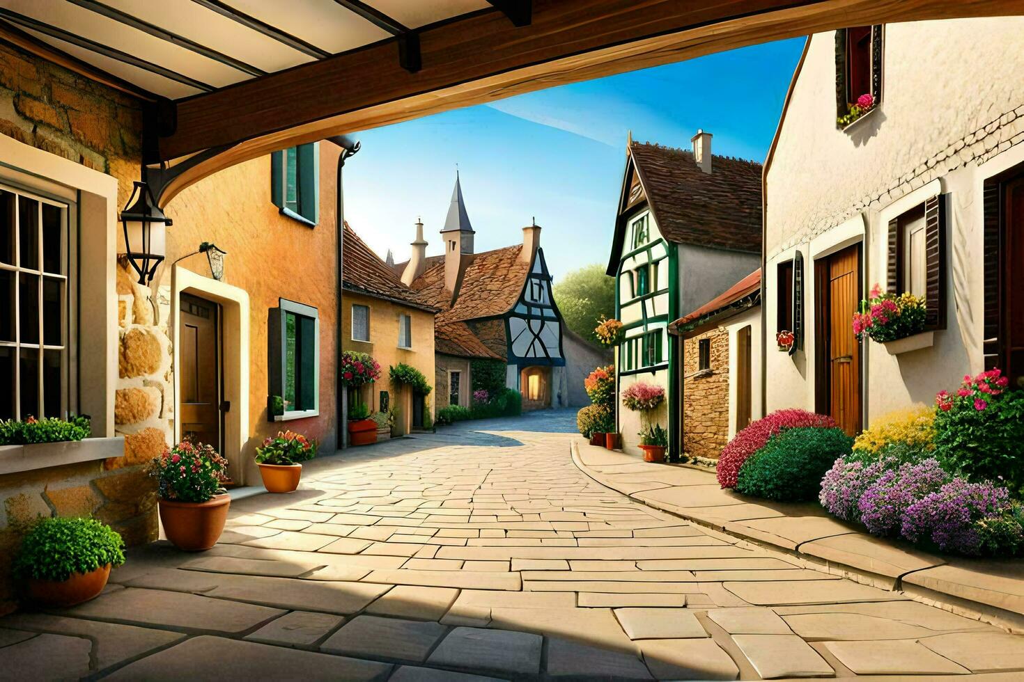 an old town street with a cobblestone path. AI-Generated photo