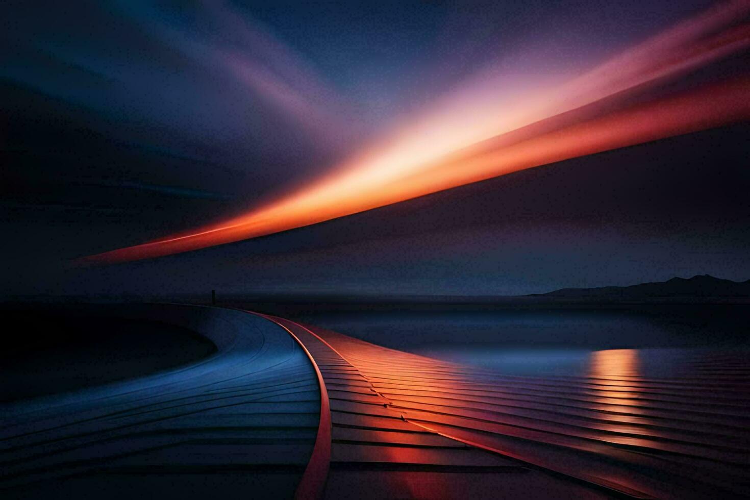 a long exposure photograph of a train track in the dark. AI-Generated photo