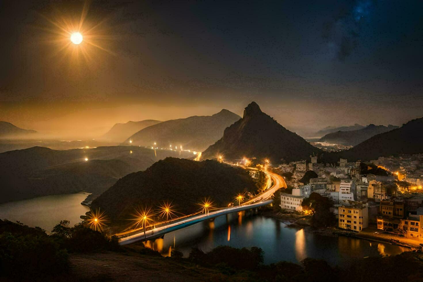 the moon rises over the city of rio de janeiro. AI-Generated photo