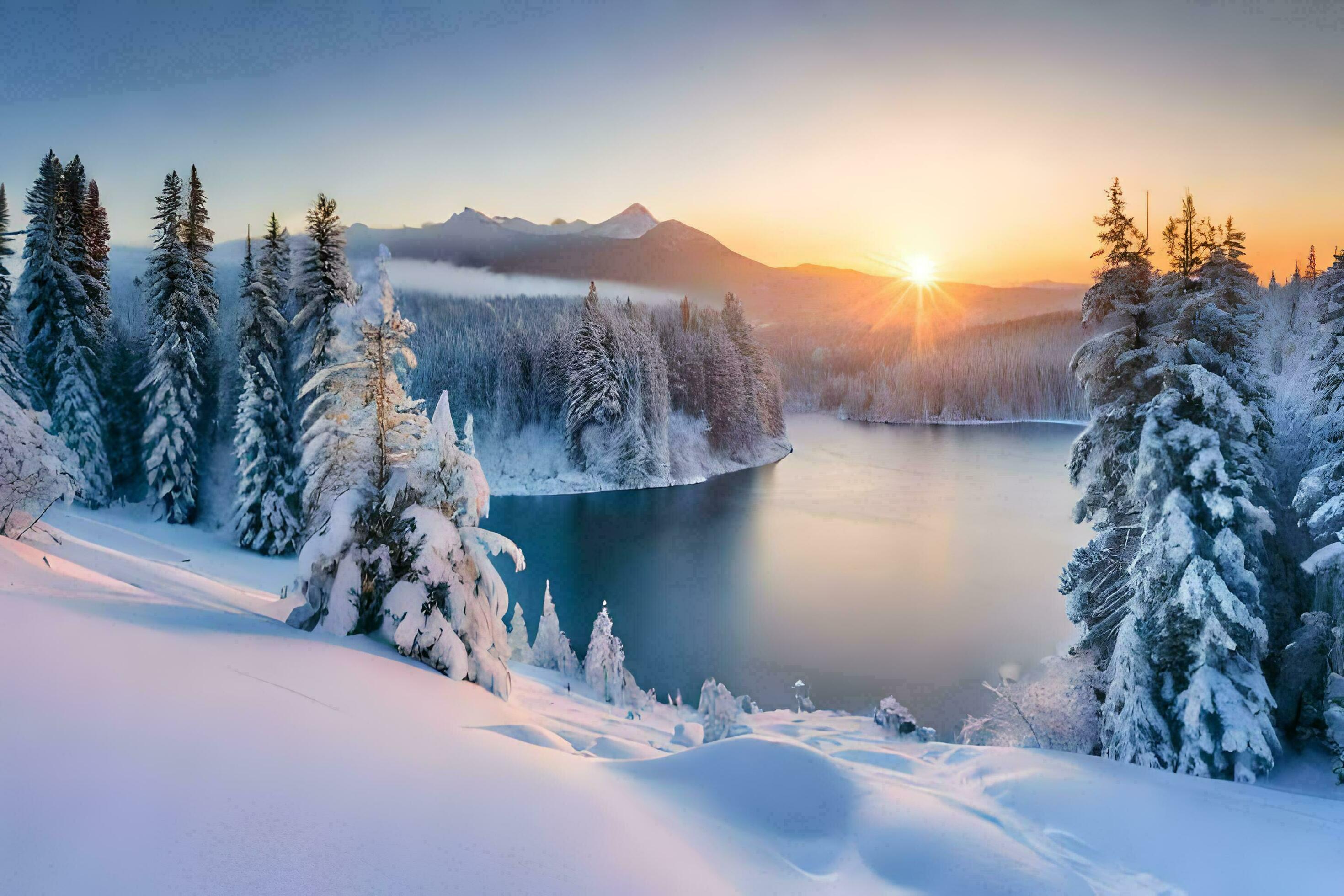 photo wallpaper the sky, snow, trees, lake, mountains, sun, winter, the  mountains. AI-Generated 33365263 Stock Photo at Vecteezy