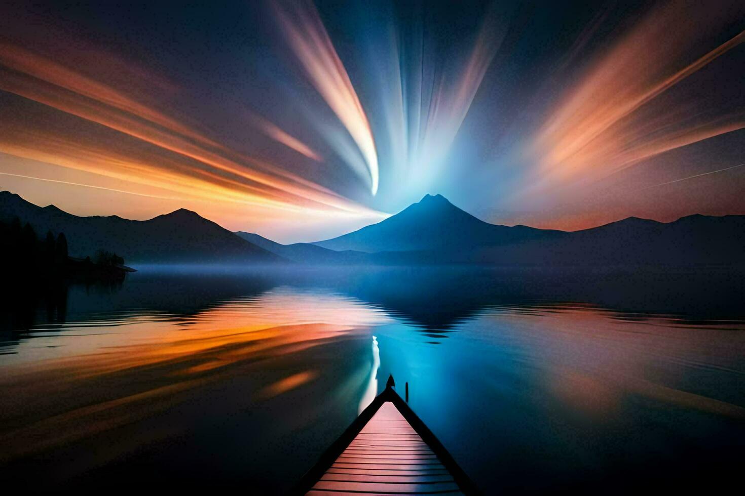 un barco es en el medio de un lago a puesta de sol. generado por ai foto
