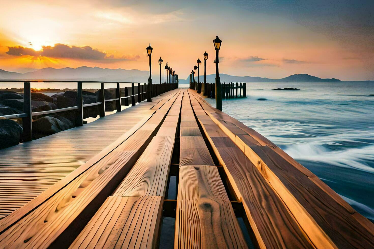 a wooden pier with a sunset behind it. AI-Generated photo