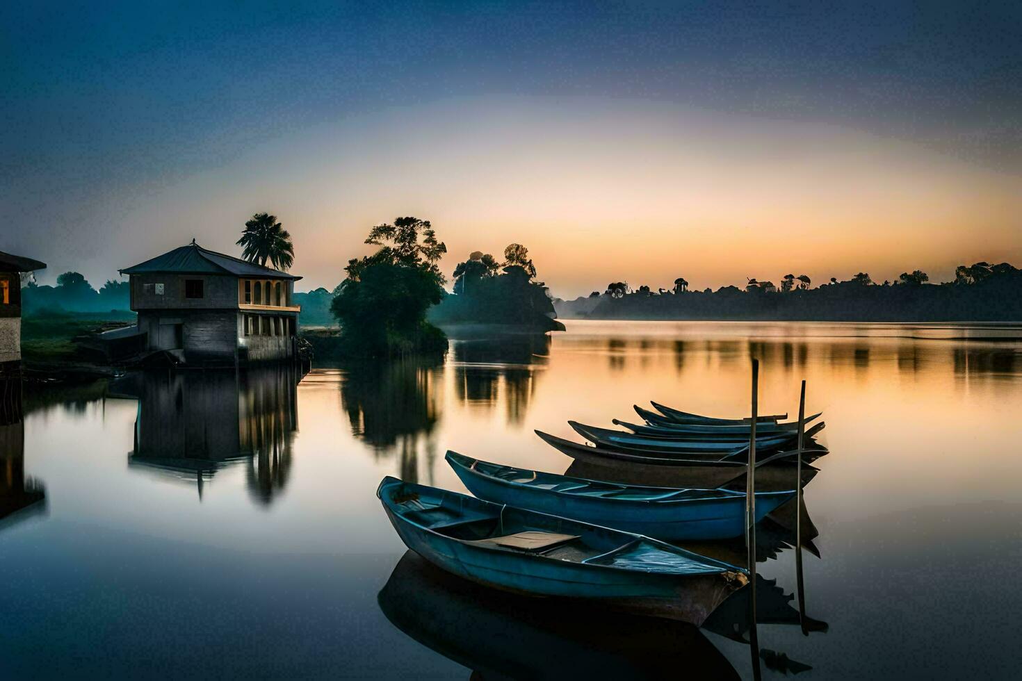 barcos en el río a amanecer. generado por ai foto