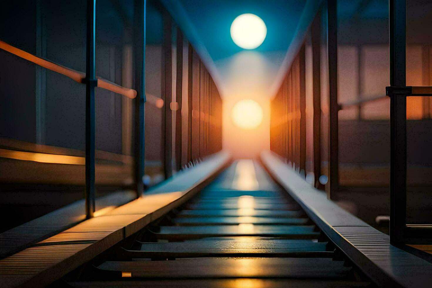 a long train track leading to a bright light. AI-Generated photo