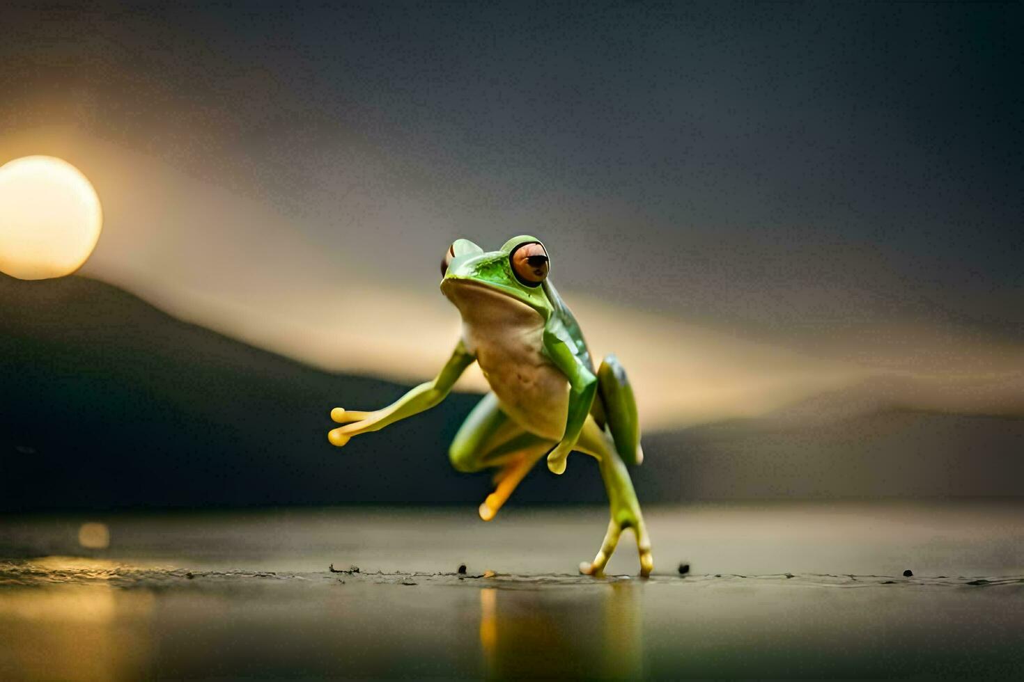 a frog jumping on the ground with the sun in the background. AI-Generated photo