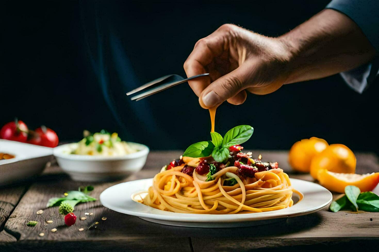 a chef is holding a fork over spaghetti. AI-Generated photo
